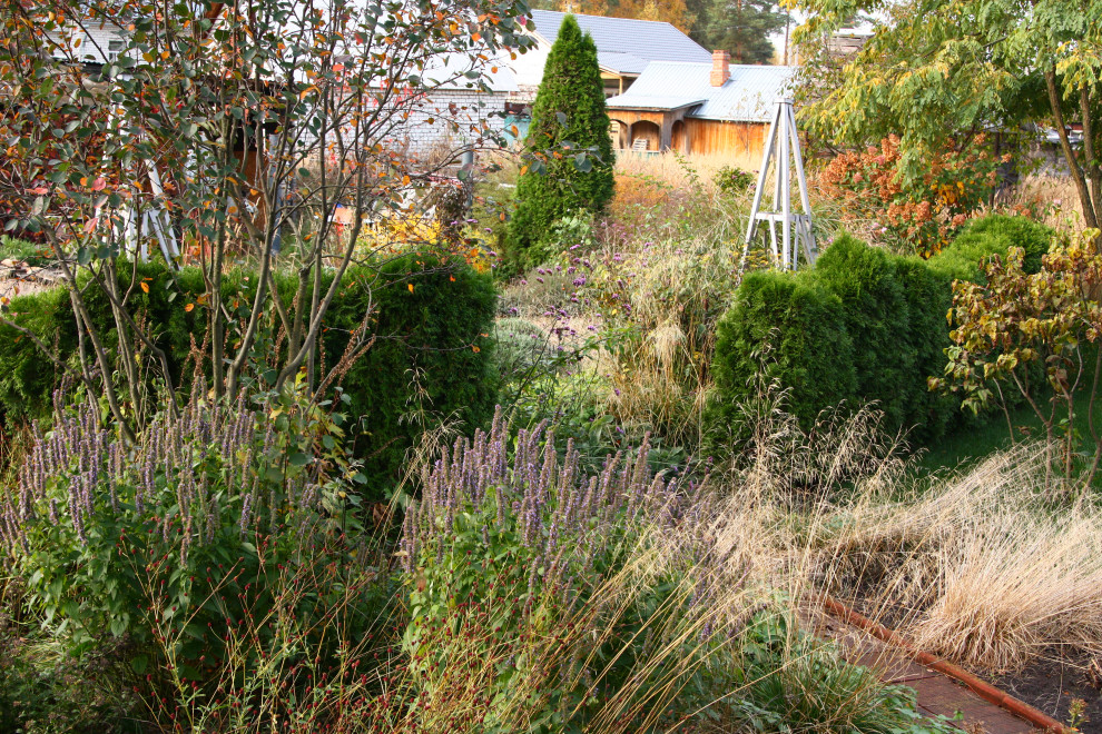 Imagen de jardín de secano de tamaño medio en otoño en patio con exposición total al sol y gravilla
