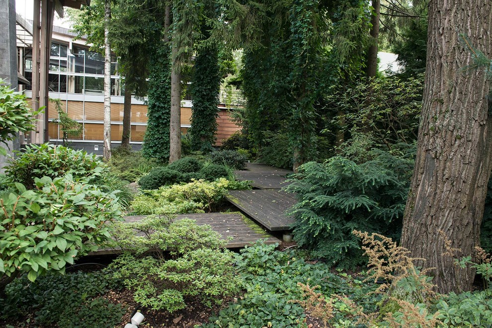 Idées déco pour un petit jardin l'été avec une exposition ombragée et une terrasse en bois.