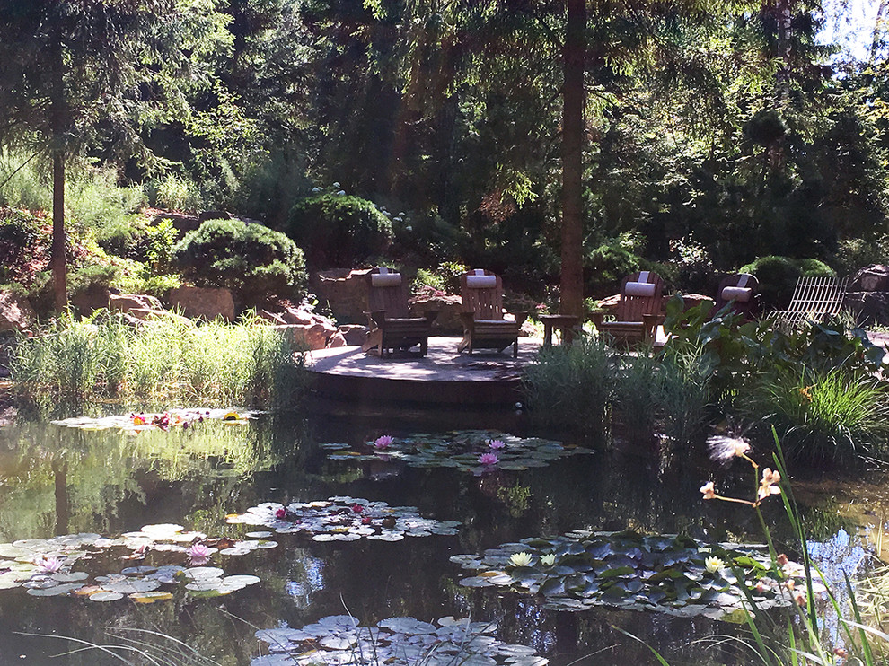Imagen de jardín clásico renovado grande en verano en patio trasero con estanque, exposición parcial al sol y entablado