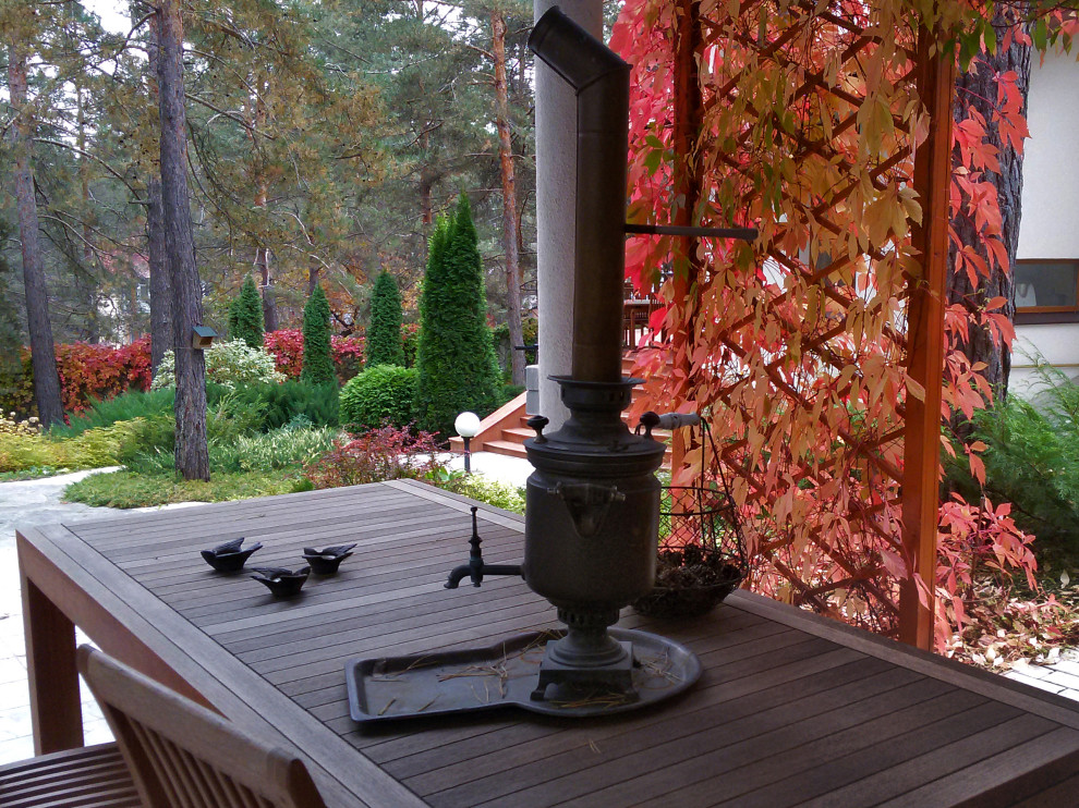 Immagine di un privacy in giardino tradizionale in ombra di medie dimensioni in autunno con pavimentazioni in cemento