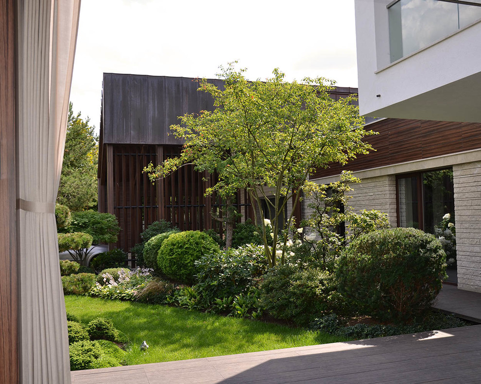 Свежая идея для дизайна: солнечный, летний участок и сад среднего размера на внутреннем дворе в стиле модернизм с хорошей освещенностью - отличное фото интерьера
