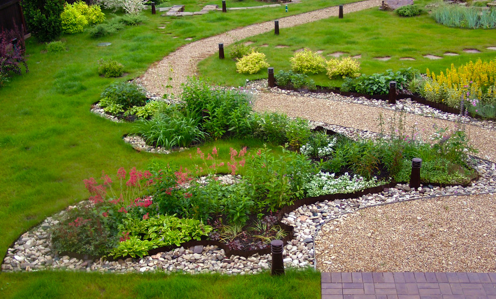 Esempio di un giardino nordico esposto in pieno sole di medie dimensioni e in cortile in primavera con ghiaia