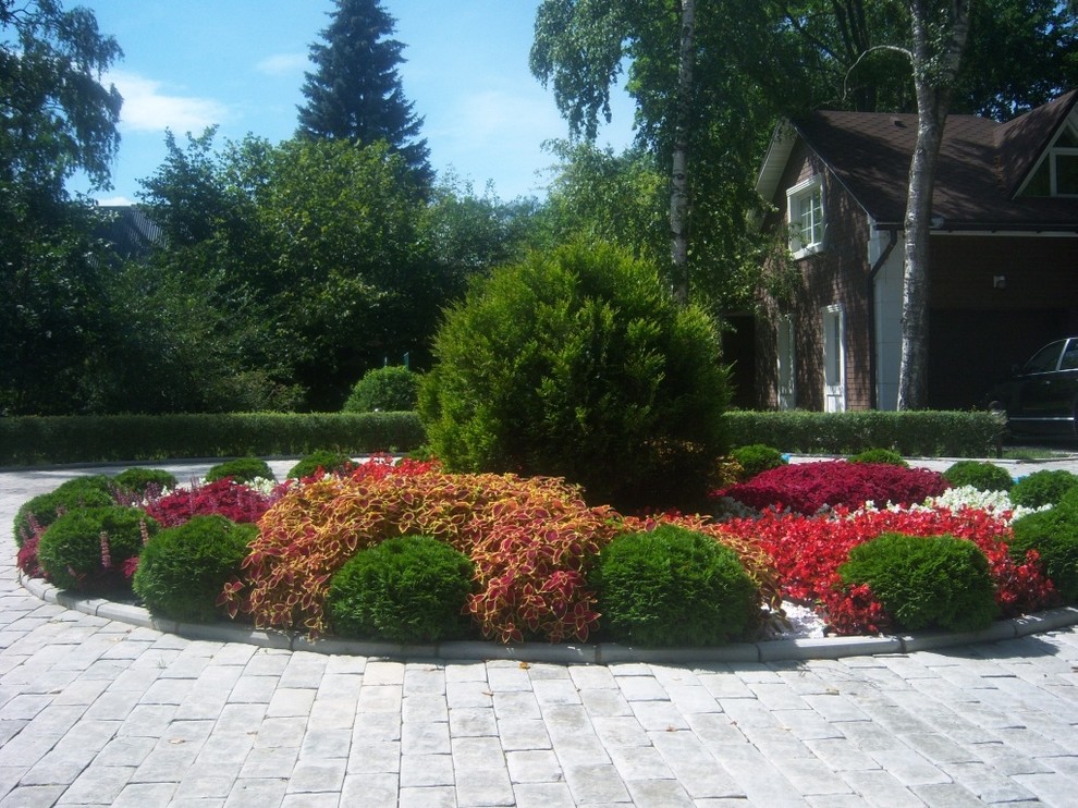 Свежая идея для дизайна: летний регулярный сад среднего размера на переднем дворе в классическом стиле - отличное фото интерьера