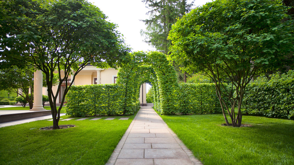 Стильный дизайн: летний регулярный сад на переднем дворе в классическом стиле с полуденной тенью - последний тренд