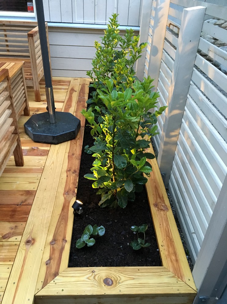 Small danish backyard concrete paver patio container garden photo in Stockholm with an awning