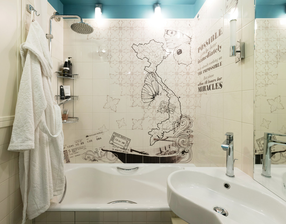 This is an example of a contemporary ensuite bathroom in Moscow with a shower/bath combination, white tiles, white walls and an alcove bath.