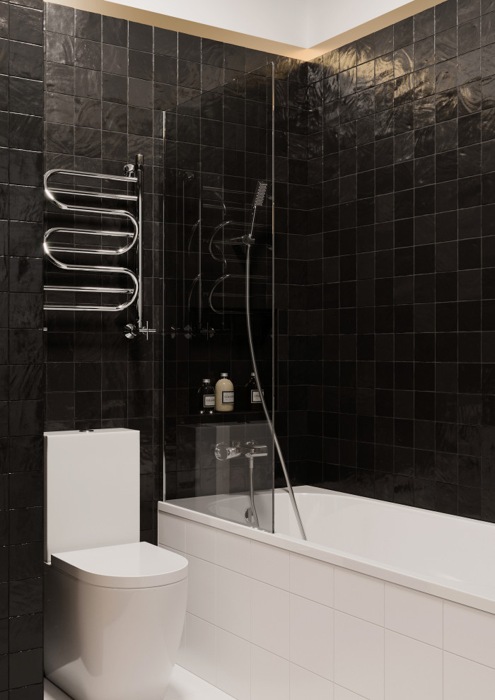 Aménagement d'une petite salle de bain principale moderne avec un carrelage noir, des carreaux de porcelaine, un sol en carrelage de céramique, un lavabo posé, un sol blanc, des toilettes cachées, meuble simple vasque et meuble-lavabo sur pied.