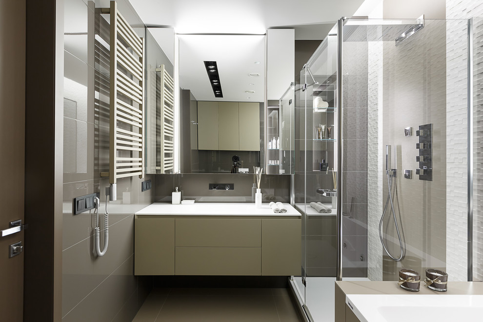 Идея дизайна: ванная комната в современном стиле с плоскими фасадами, душевой кабиной и белой столешницей