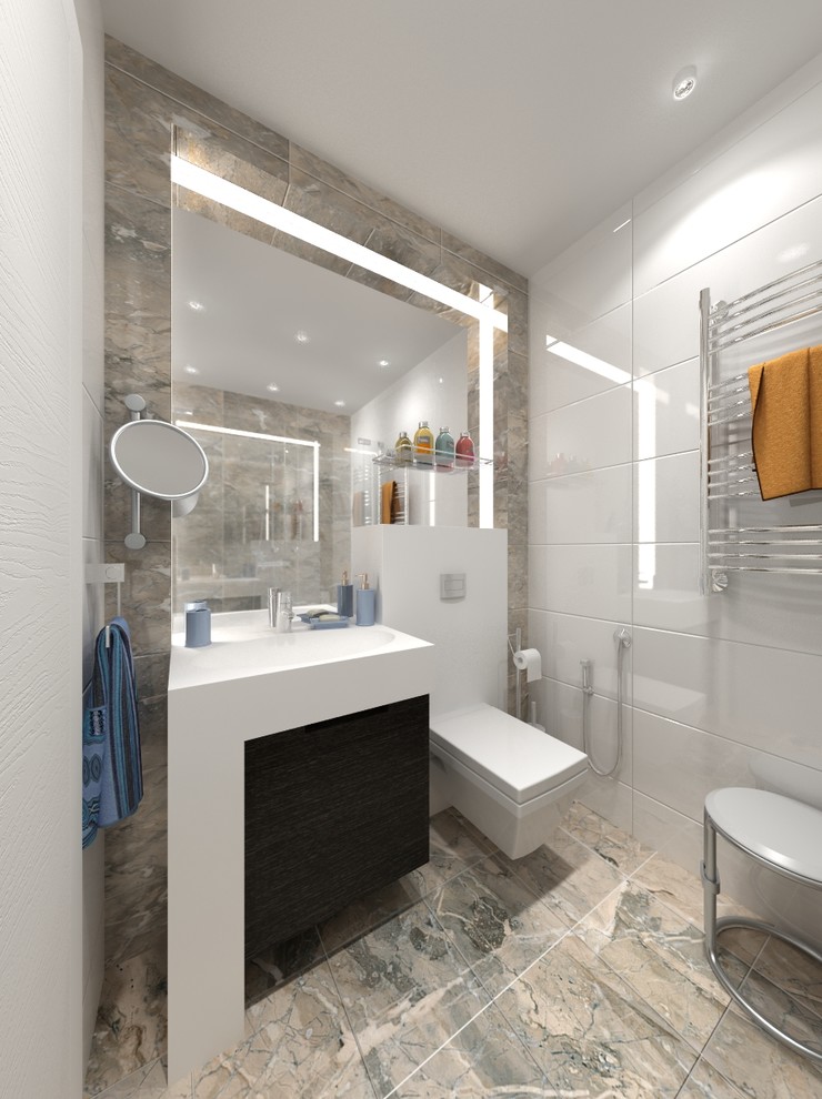 Inspiration för små moderna badrum med dusch, med släta luckor, skåp i mörkt trä, ett platsbyggt badkar, en dusch/badkar-kombination, en toalettstol med hel cisternkåpa, vit kakel, keramikplattor, vita väggar, klinkergolv i porslin, ett konsol handfat, beiget golv och dusch med duschdraperi