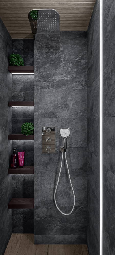 Свежая идея для дизайна: ванная комната в современном стиле с плоскими фасадами, серыми фасадами, настольной раковиной, коричневым полом и черной столешницей - отличное фото интерьера