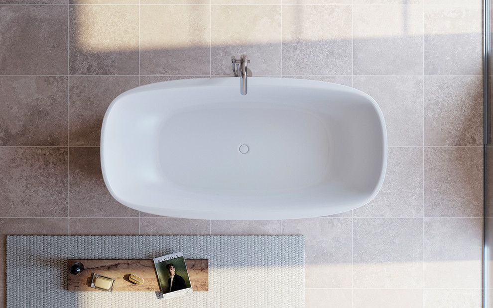 Свежая идея для дизайна: большая ванная комната в скандинавском стиле с отдельно стоящей ванной - отличное фото интерьера