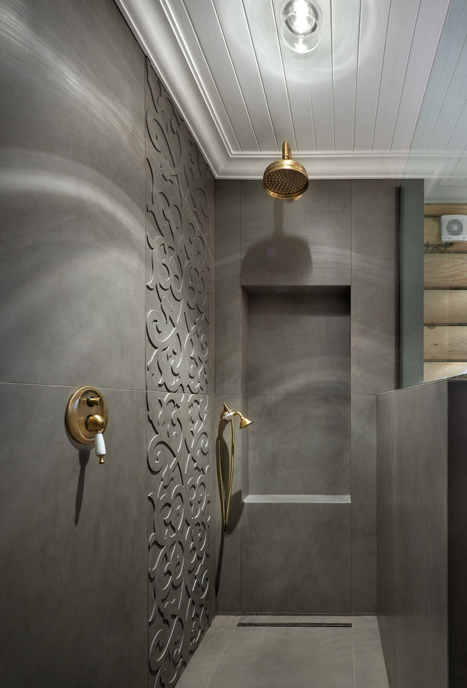 Свежая идея для дизайна: ванная комната в современном стиле с душем в нише и серой плиткой - отличное фото интерьера