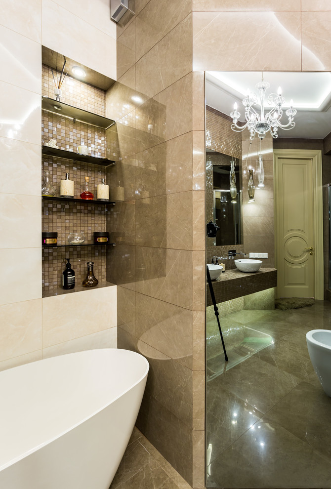 Design ideas for a medium sized traditional shower room bathroom in Saint Petersburg with open cabinets, brown cabinets, a freestanding bath, an alcove shower, a bidet, brown tiles, porcelain tiles, brown walls, porcelain flooring, a built-in sink, tiled worktops, brown floors, a shower curtain and brown worktops.