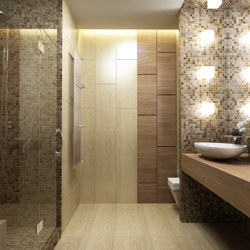 This is an example of a medium sized contemporary bathroom in Moscow with medium wood cabinets, a wall mounted toilet, beige tiles, porcelain tiles, brown walls, porcelain flooring, a built-in sink and wooden worktops.