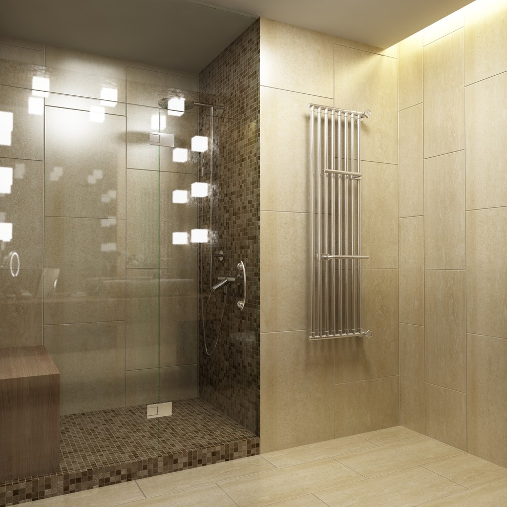 Стильный дизайн: главная ванная комната среднего размера в современном стиле с фасадами цвета дерева среднего тона, душем в нише, инсталляцией, бежевой плиткой, керамогранитной плиткой, коричневыми стенами, полом из керамогранита и подвесной раковиной - последний тренд