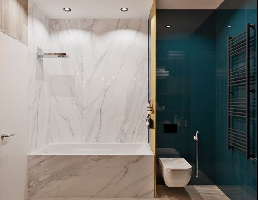 Идея дизайна: главная ванная комната в современном стиле с плоскими фасадами, темными деревянными фасадами, накладной ванной, душем над ванной, инсталляцией, зеленой плиткой, керамической плиткой, зелеными стенами, полом из керамической плитки, врезной раковиной, стеклянной столешницей, бежевым полом, душем с распашными дверями, белой столешницей и гигиеническим душем