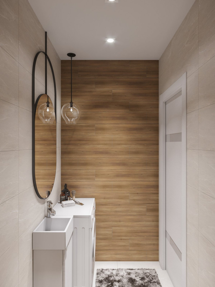 Design ideas for a small contemporary ensuite bathroom in Other with flat-panel cabinets, medium wood cabinets, a submerged bath, a corner shower, a wall mounted toilet, multi-coloured tiles, wood-effect tiles, multi-coloured walls, ceramic flooring, a pedestal sink, wooden worktops, white floors, a shower curtain, brown worktops, an enclosed toilet, a single sink, a freestanding vanity unit and a drop ceiling.