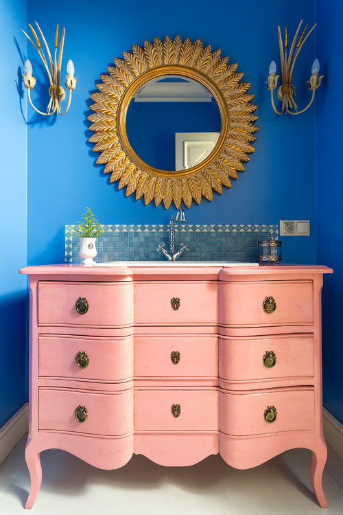 Blue and Pink Bathroom Ideas with Gold Accents