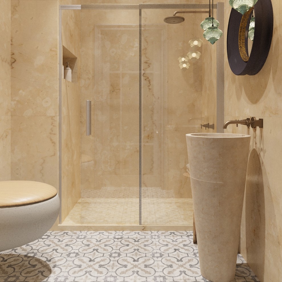 Exempel på ett litet klassiskt badrum, med en vägghängd toalettstol, keramikplattor, klinkergolv i keramik, ett integrerad handfat, bänkskiva i terrazo och beige väggar