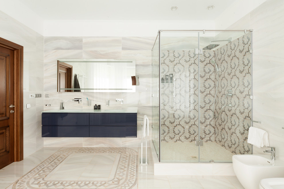 This is an example of a contemporary shower room bathroom in Moscow with flat-panel cabinets and a bidet.