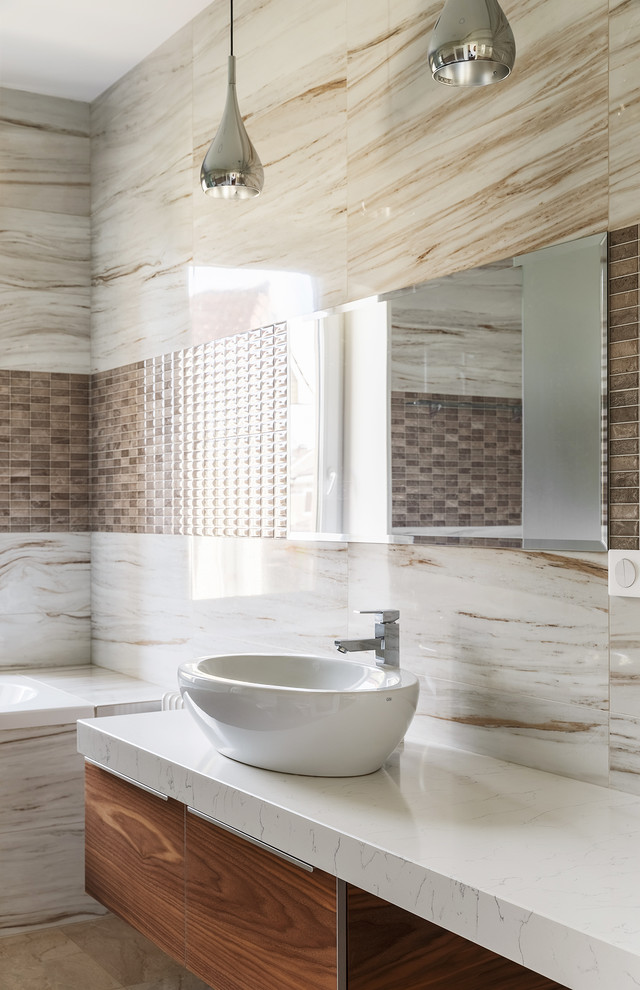 Drop-in bathtub - mid-sized contemporary master porcelain tile porcelain tile and beige floor drop-in bathtub idea in Moscow with flat-panel cabinets, medium tone wood cabinets, a vessel sink and quartz countertops