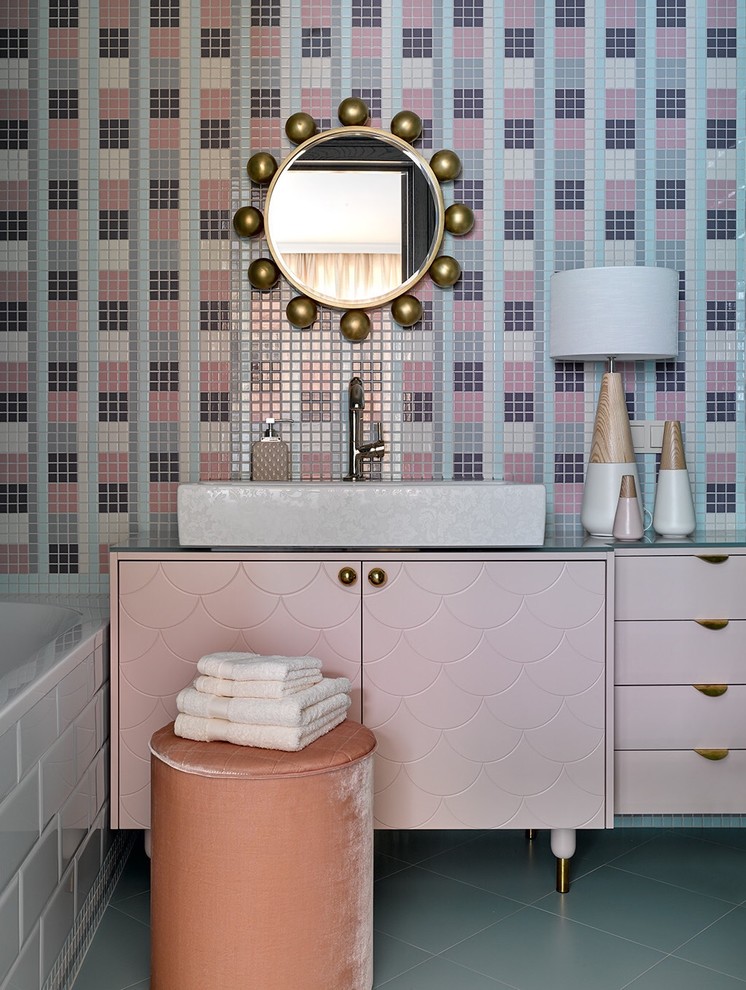 Contemporary ensuite bathroom in Moscow with flat-panel cabinets, multi-coloured tiles, mosaic tiles and a vessel sink.