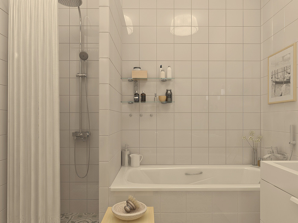 Идея дизайна: главная ванная комната среднего размера в скандинавском стиле с плоскими фасадами, белыми фасадами, ванной в нише, душем в нише, инсталляцией, серой плиткой, керамической плиткой, серыми стенами, полом из керамической плитки, шторкой для ванной и настольной раковиной