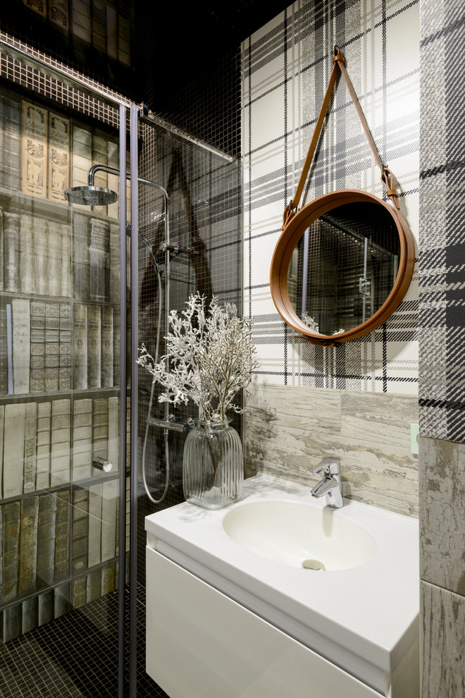 Eclectic 3/4 gray tile mosaic tile floor and black floor alcove shower photo in Novosibirsk with flat-panel cabinets, white cabinets, a hinged shower door and a console sink