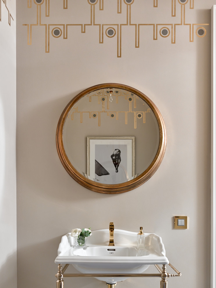 На фото: главная ванная комната в стиле неоклассика (современная классика) с плоскими фасадами, белыми фасадами, накладной ванной, белыми стенами, мраморным полом, врезной раковиной и серым полом с