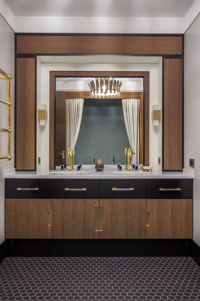 На фото: главная ванная комната в белых тонах с отделкой деревом в стиле неоклассика (современная классика) с плоскими фасадами, коричневыми фасадами, серыми стенами, врезной раковиной, коричневым полом и серой столешницей с
