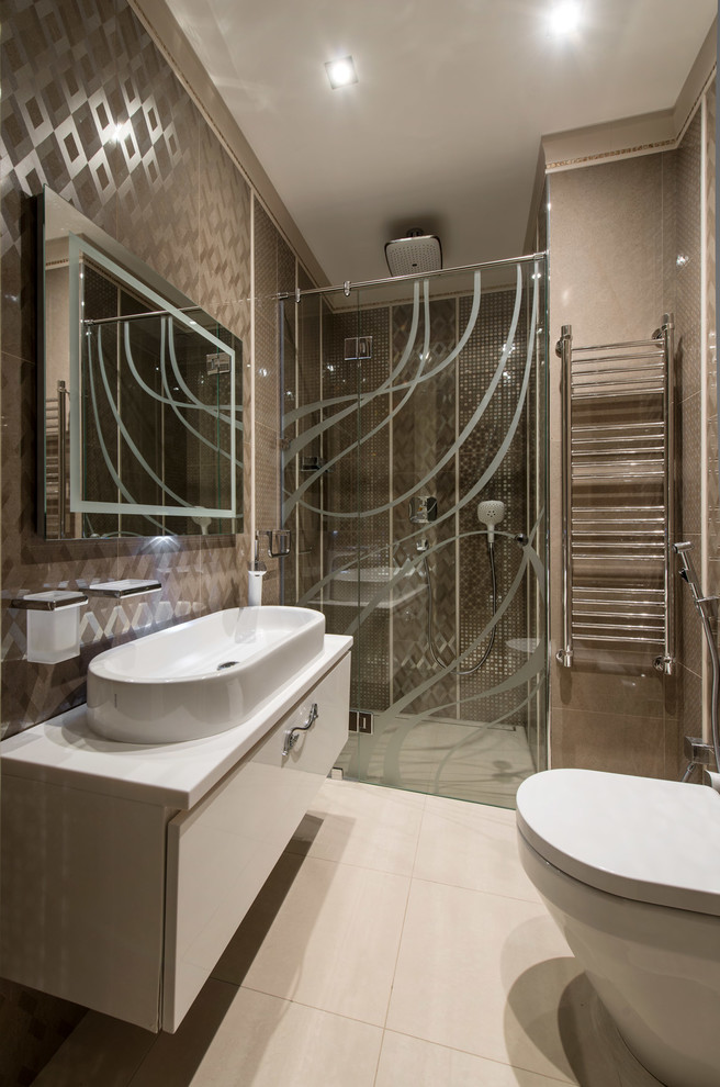 Design ideas for a small contemporary shower room bathroom in Moscow with an alcove shower, beige tiles, ceramic flooring, a vessel sink, solid surface worktops, ceramic tiles, beige floors, a hinged door, flat-panel cabinets, white cabinets and white worktops.