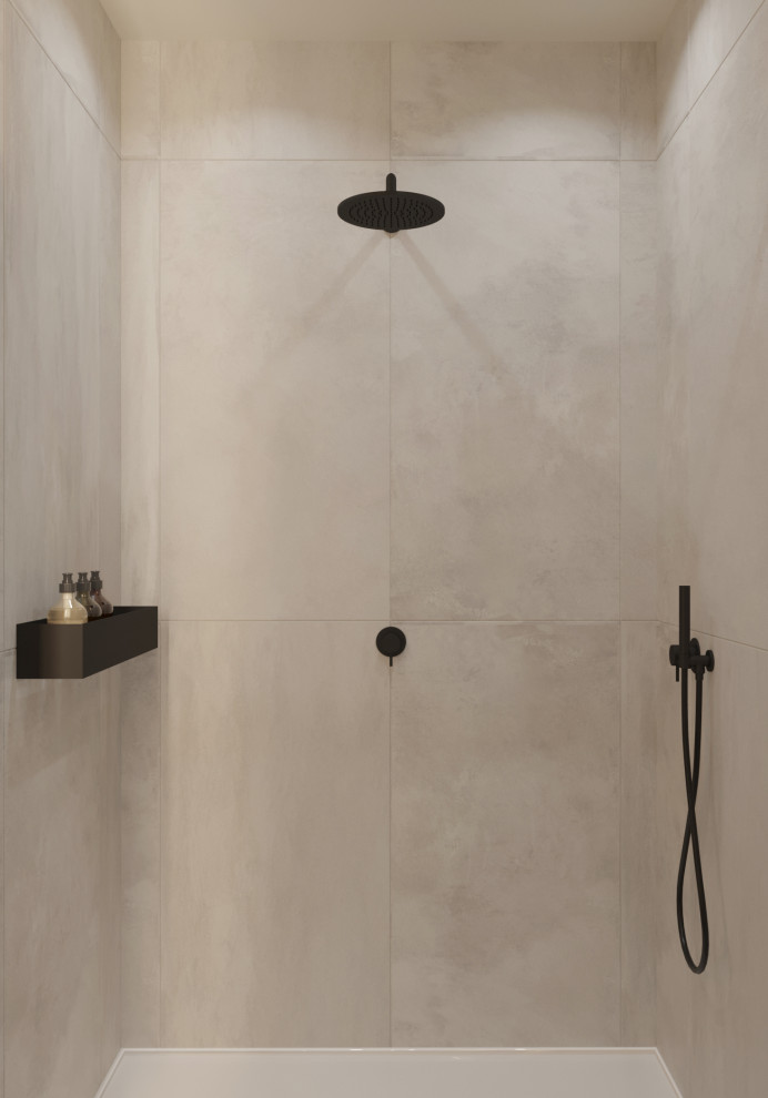 Bild på ett mellanstort funkis vit vitt badrum med dusch, med släta luckor, grå skåp, ett badkar i en alkov, en dusch i en alkov, grå kakel, keramikplattor, bänkskiva i akrylsten och dusch med skjutdörr