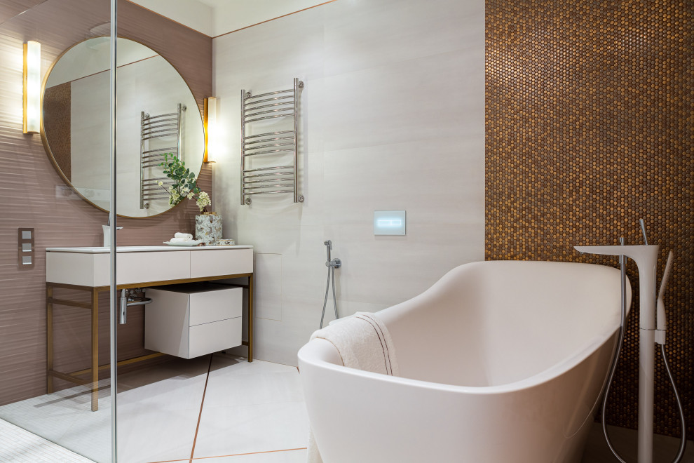 Идея дизайна: большая ванная комната в современном стиле с душевой кабиной, отдельно стоящей ванной, белой столешницей, тумбой под одну раковину и напольной тумбой