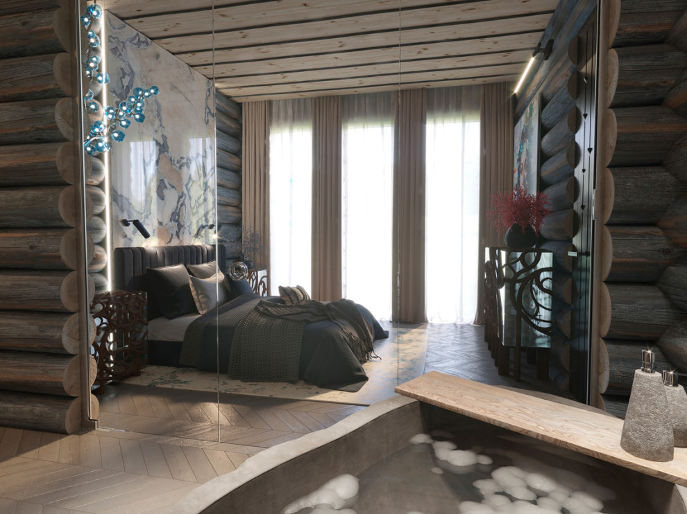 Источник вдохновения для домашнего уюта: ванная комната в современном стиле с коричневыми стенами, паркетным полом среднего тона, коричневым полом, деревянным потолком и деревянными стенами