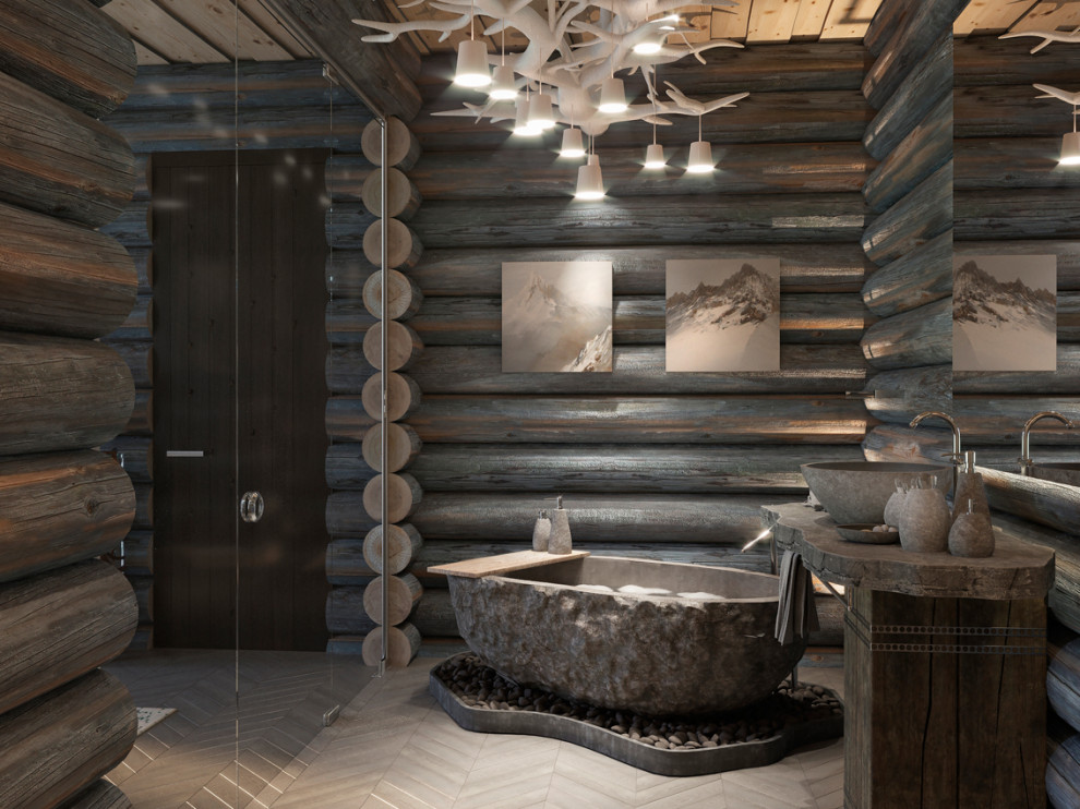 Идея дизайна: большая ванная комната в современном стиле с отдельно стоящей ванной, душевой комнатой, разноцветной плиткой, мраморной плиткой, коричневыми стенами, бежевым полом, открытым душем, серой столешницей, тумбой под одну раковину, деревянным потолком, деревянными стенами, темными деревянными фасадами, раковиной с пьедесталом, мраморной столешницей и напольной тумбой