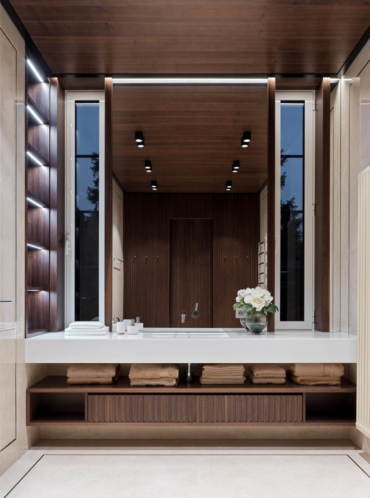 Свежая идея для дизайна: ванная комната в современном стиле с темными деревянными фасадами, белым полом, белой столешницей и тумбой под одну раковину - отличное фото интерьера