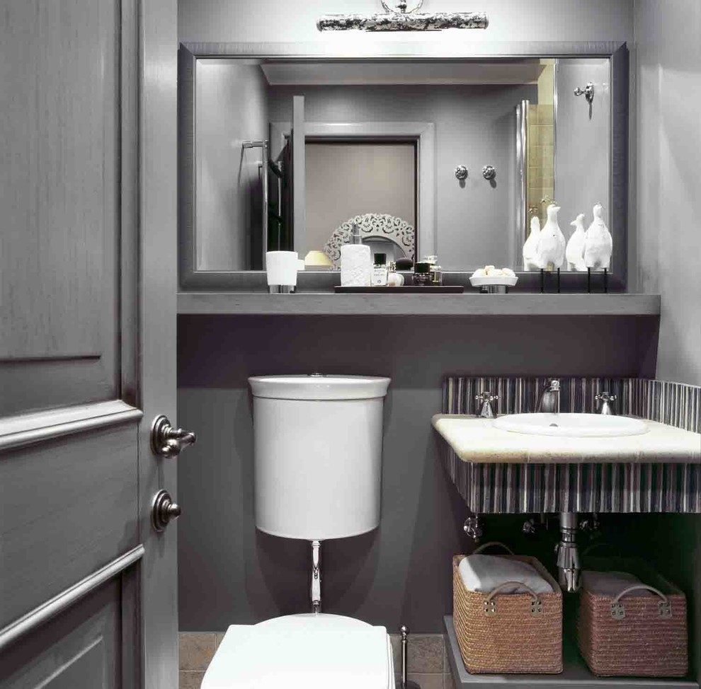 Photo of a small contemporary shower room bathroom in Saint Petersburg with open cabinets, grey cabinets, an alcove shower, ceramic tiles, grey walls, ceramic flooring, a built-in sink and tiled worktops.