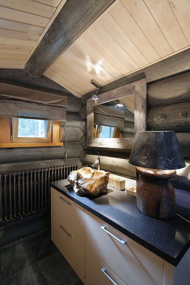 Example of a mountain style bathroom design in Moscow with flat-panel cabinets, white cabinets, solid surface countertops, gray walls and a vessel sink