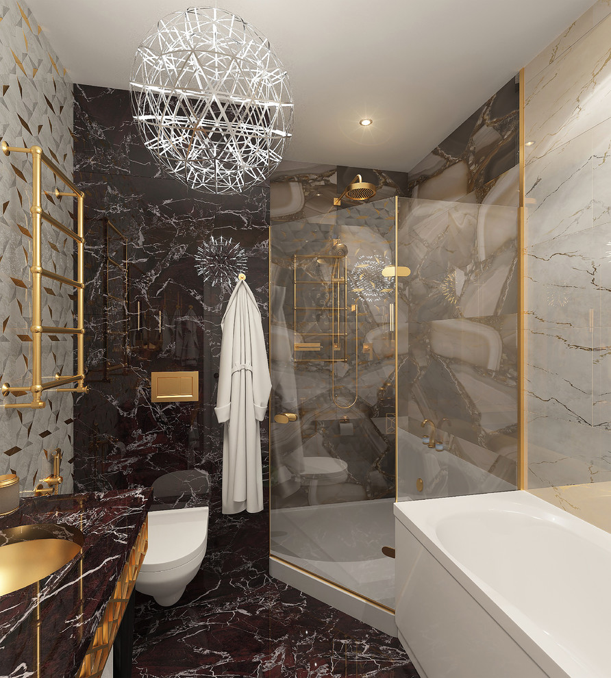 На фото: ванная комната среднего размера в стиле неоклассика (современная классика) с открытыми фасадами, коричневыми фасадами, угловым душем, инсталляцией, разноцветной плиткой, мраморной плиткой, разноцветными стенами, мраморным полом, мраморной столешницей, коричневым полом, душем с распашными дверями, коричневой столешницей, ванной в нише, душевой кабиной, консольной раковиной и гигиеническим душем