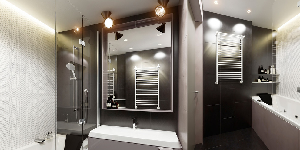 Cette photo montre une petite salle de bain principale tendance avec une baignoire indépendante, un combiné douche/baignoire, WC suspendus, un carrelage blanc, des carreaux de porcelaine, un mur violet, un sol en carrelage de porcelaine et un lavabo suspendu.
