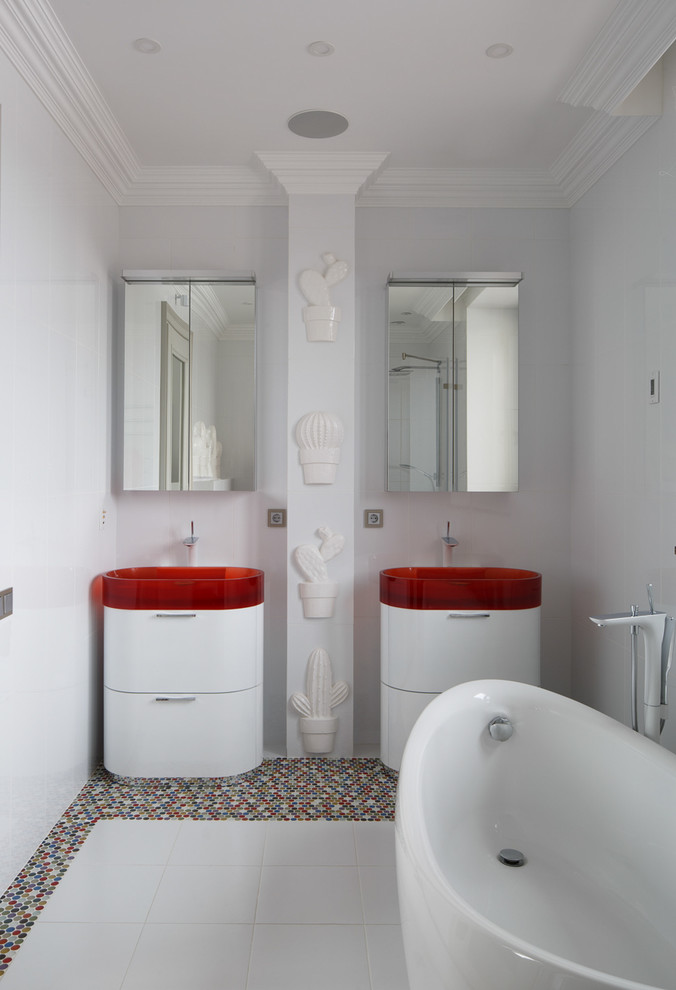 Inspiration for a contemporary master white tile mosaic tile floor freestanding bathtub remodel in Moscow with flat-panel cabinets, white cabinets and a drop-in sink