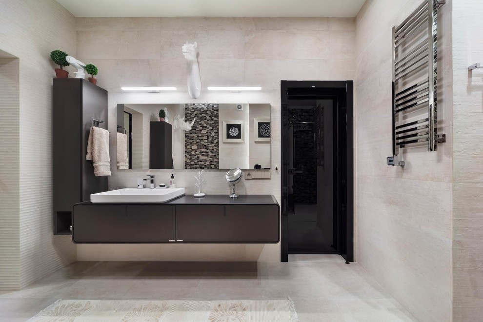 Design ideas for a large contemporary shower room bathroom in Moscow with flat-panel cabinets, brown cabinets, an alcove bath, a built-in shower, a wall mounted toilet, beige tiles, porcelain tiles, beige walls, porcelain flooring, a built-in sink, solid surface worktops, beige floors, an open shower and white worktops.