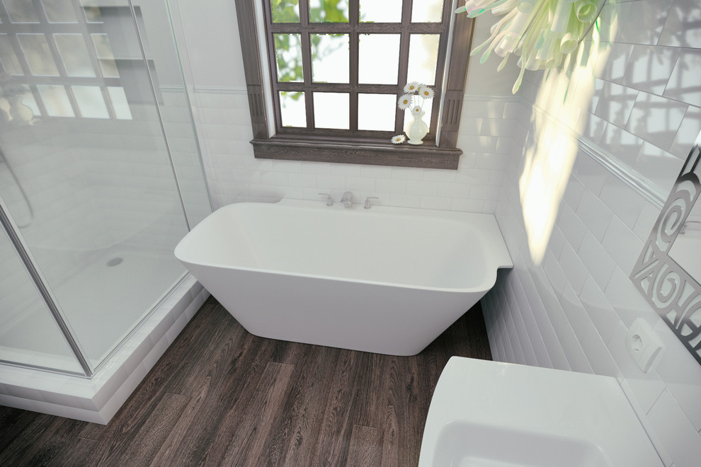 Idee per una stanza da bagno classica con vasca ad angolo, doccia doppia, piastrelle bianche, piastrelle in ceramica, pareti bianche, parquet scuro e lavabo a colonna