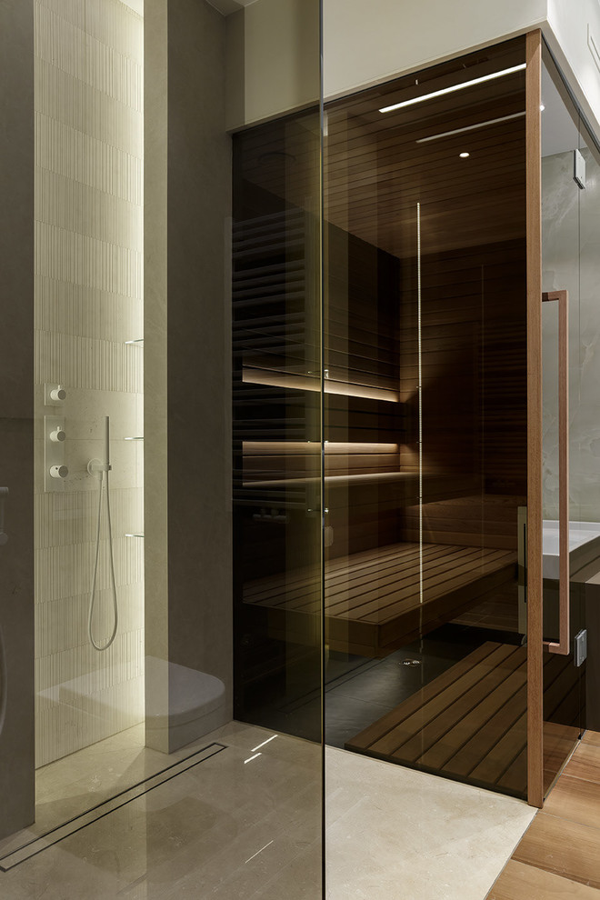 Свежая идея для дизайна: ванная комната в современном стиле с открытым душем и открытым душем - отличное фото интерьера