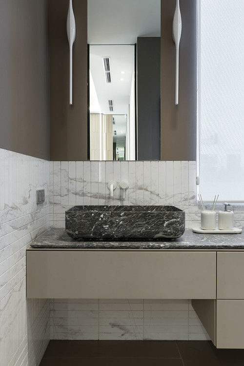 Beige Vanity with Stone Vessel Sink and Countertop