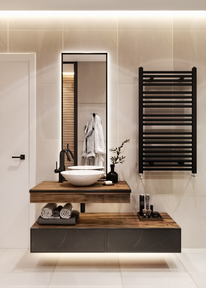 Modelo de cuarto de baño principal y flotante contemporáneo con armarios con paneles lisos