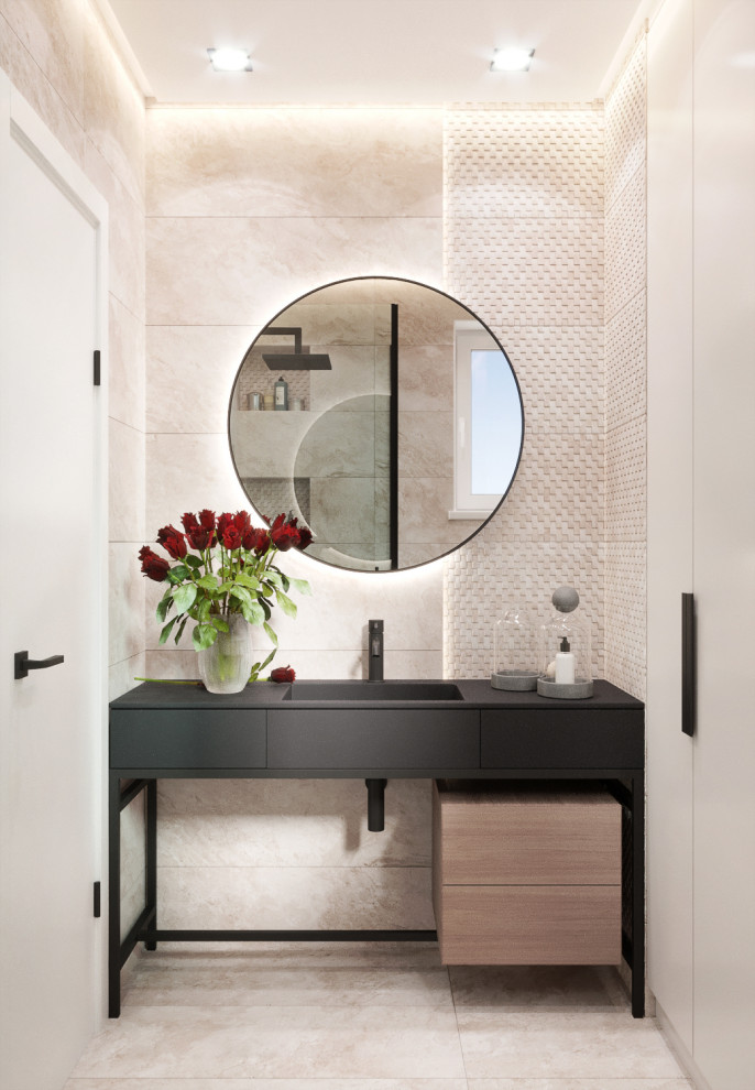 Example of a trendy 3/4 bathroom design in Moscow with flat-panel cabinets and a floating vanity