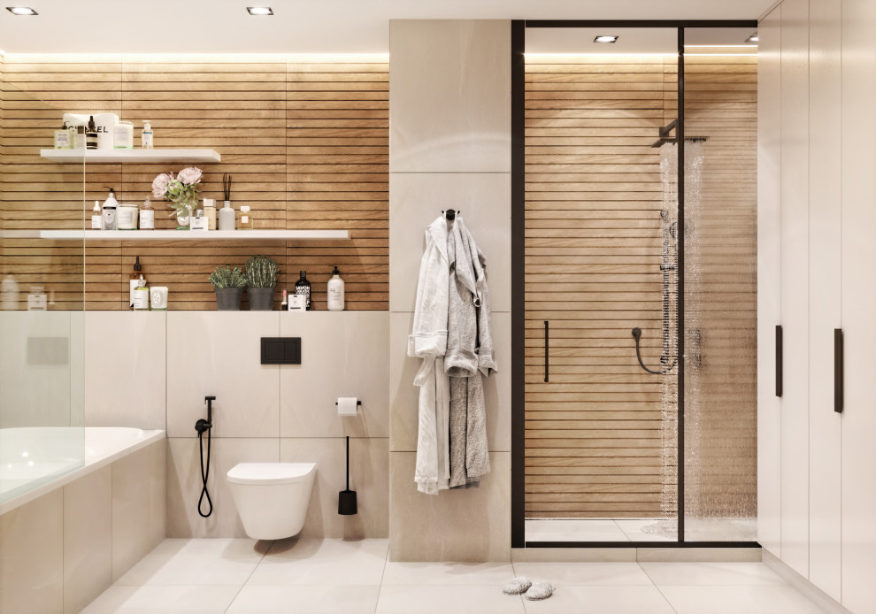 Cette image montre une salle de bain principale design avec un placard à porte plane et meuble-lavabo suspendu.
