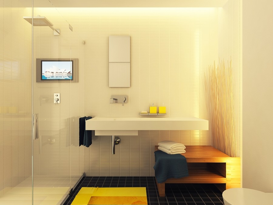 На фото: маленькая ванная комната в современном стиле с душем без бортиков, унитазом-моноблоком, белой плиткой, керамической плиткой, белыми стенами, полом из керамической плитки, душевой кабиной, подвесной раковиной и столешницей из искусственного камня для на участке и в саду с