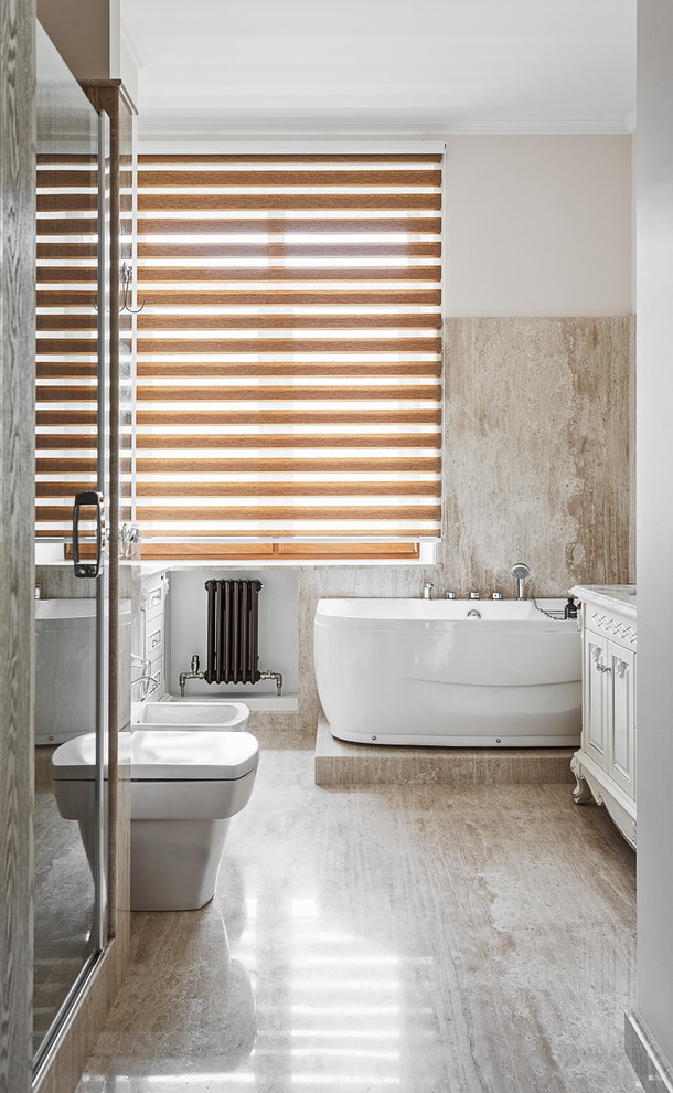 This is an example of a large classic ensuite bathroom in Moscow with white cabinets, an alcove shower, a two-piece toilet, beige tiles, white walls, a submerged sink, beige floors and a hinged door.